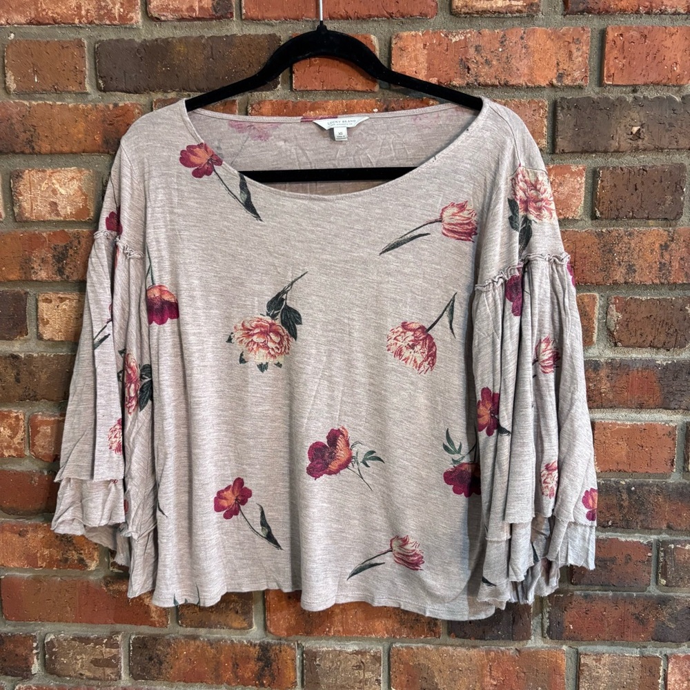 Lucky Brand womens Duquet metallic floral bell sleeves top tan XS